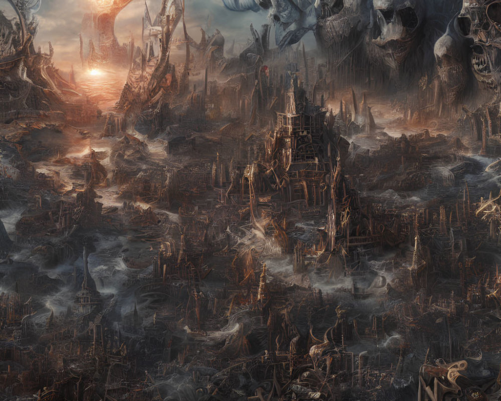 Dark Fantasy Landscape with Skull Formations, Castle, and Eerie Fog