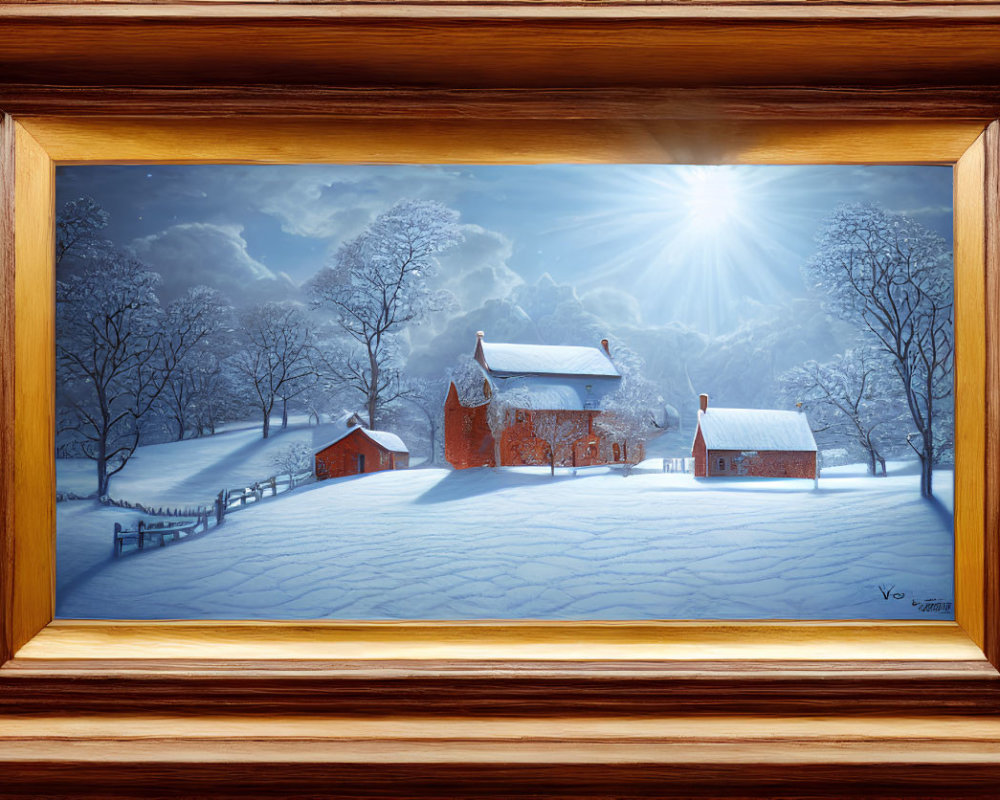 Winter landscape painting with snow-covered cottage and bare trees