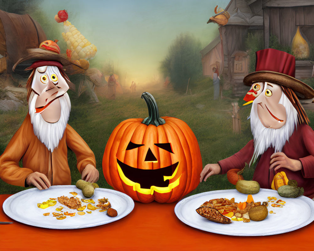 Animated anthropomorphic dogs in pilgrim attire enjoy Thanksgiving meal outdoors with jack-o'-lantern.