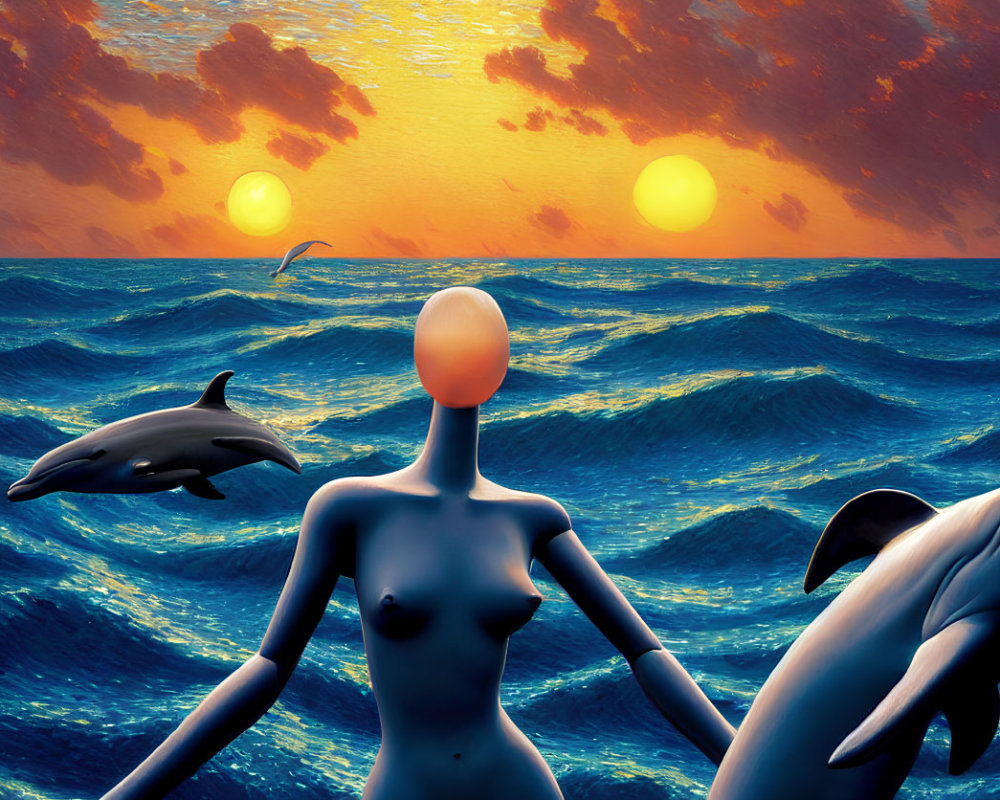 Illustration of humanoid figure, dolphins, and two suns in sea at sunset