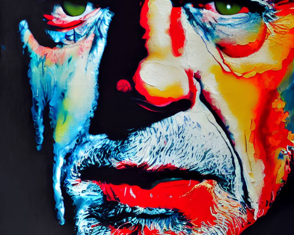 Vibrant abstract portrait with red and blue hues and dominant eye