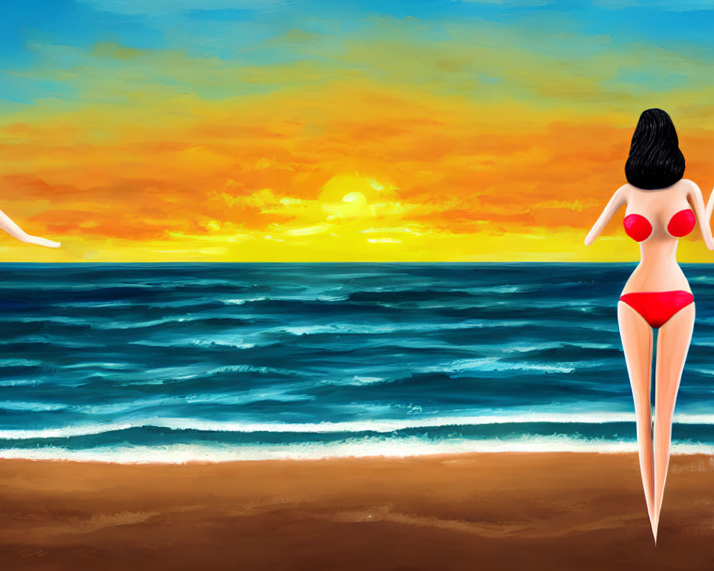 Three cartoon figures in red bikinis on beach at sunset with orange sky.