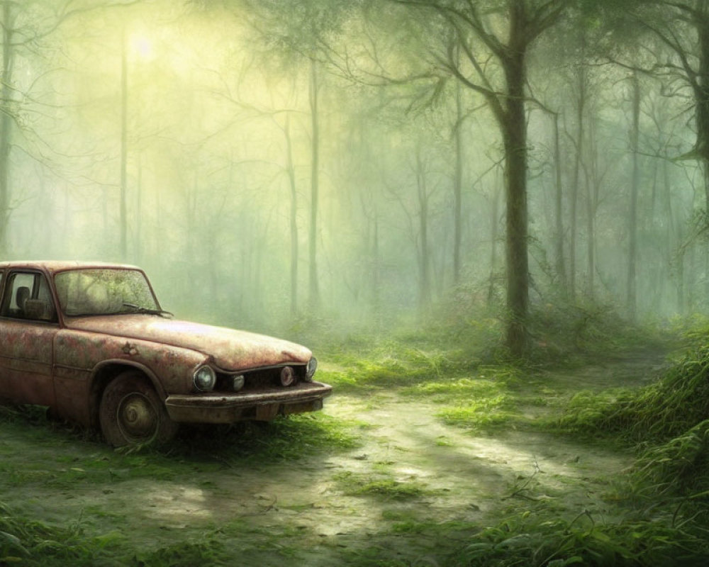 Abandoned car reclaimed by nature in serene forest clearing