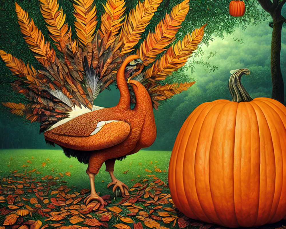Vibrant turkey and pumpkin illustration with autumn leaves
