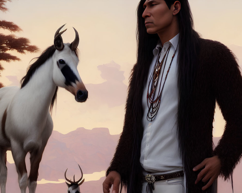 Native American Man in Traditional Attire with White Horse and Antelope in Desert Sunset