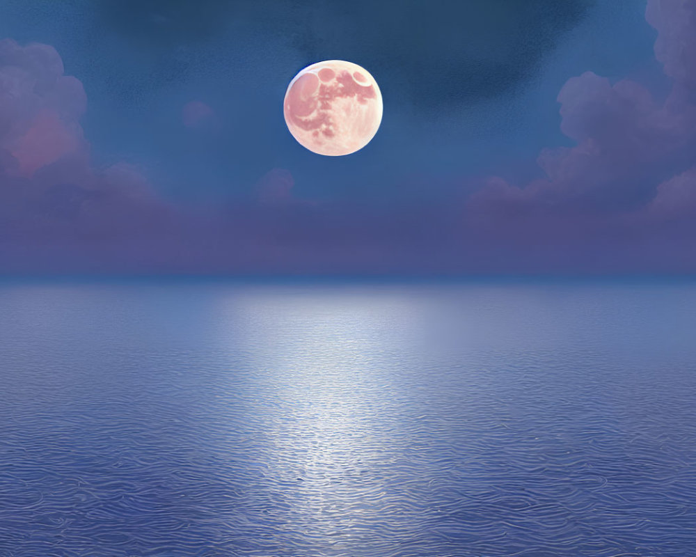 Tranquil night seascape with pink moon reflecting on calm waters