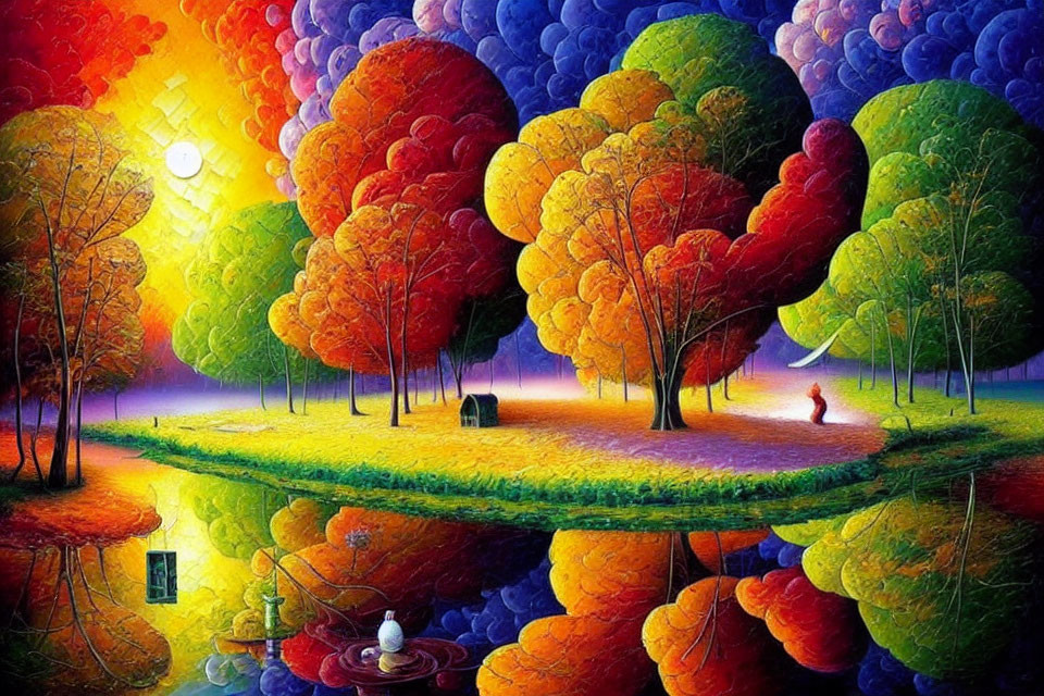 Whimsical forest painting with reflective river and autumn trees