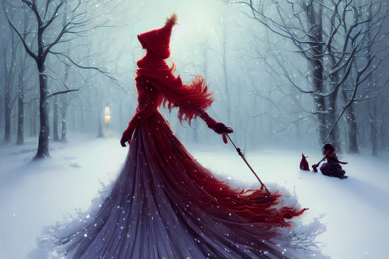 Mysterious figure in red cloak with staff in snowy forest