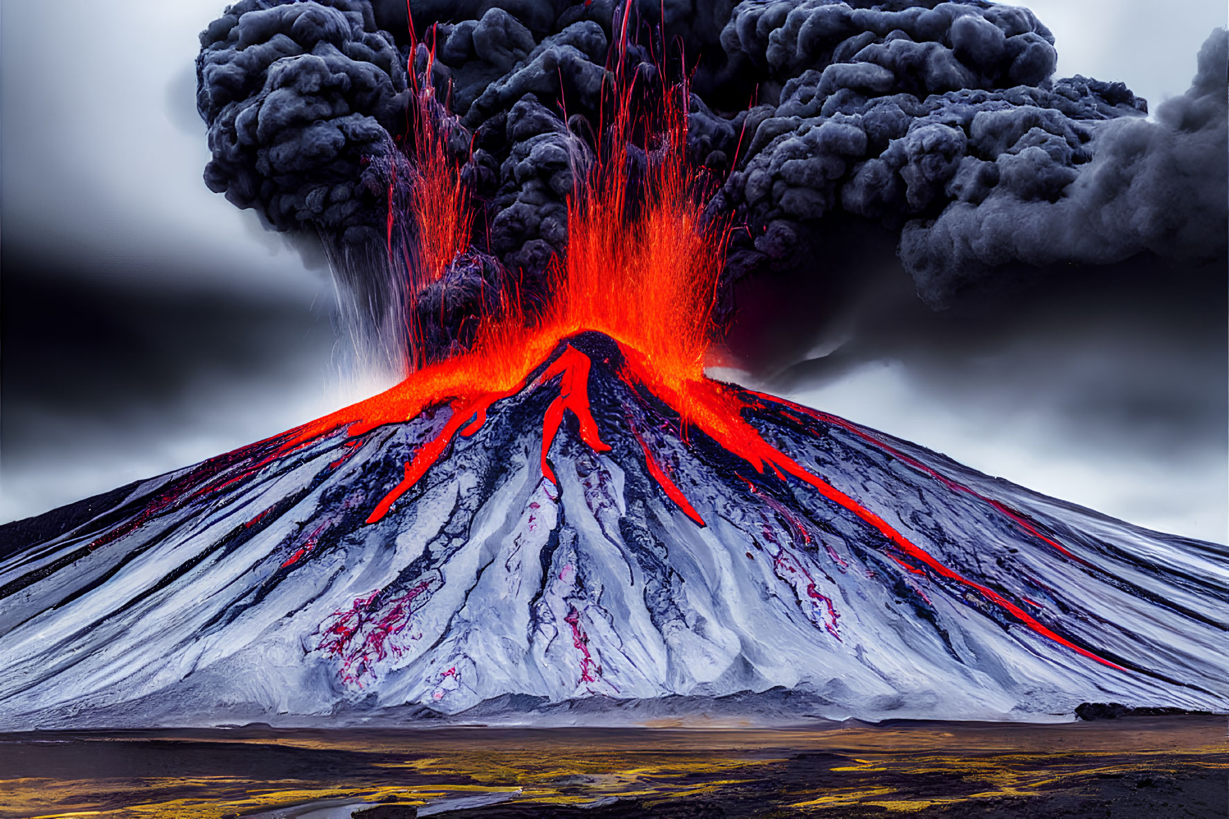 Volcano Eruption: Red-Hot Lava, Ash Clouds, Snowy Slopes