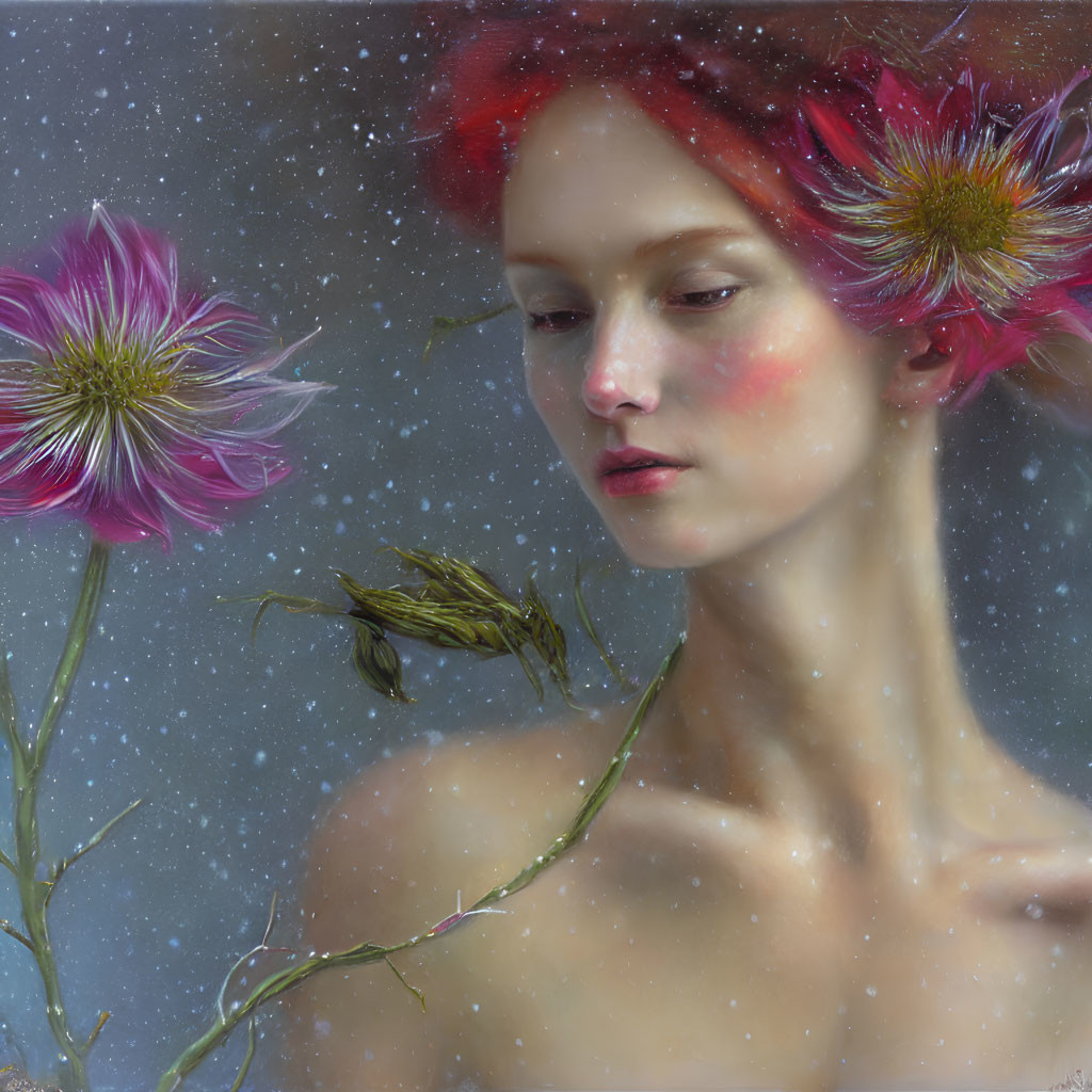 Red-haired woman with pink flowers in starry setting.