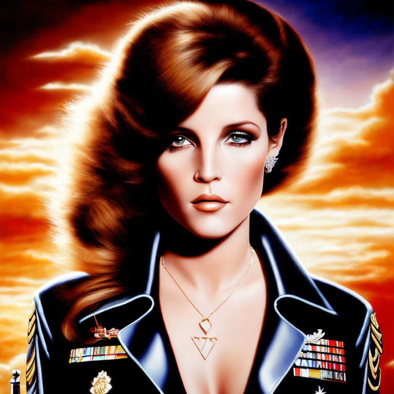 Illustrated portrait of woman with voluminous hair in military-style jacket and elegant jewelry against vibrant sunset sky