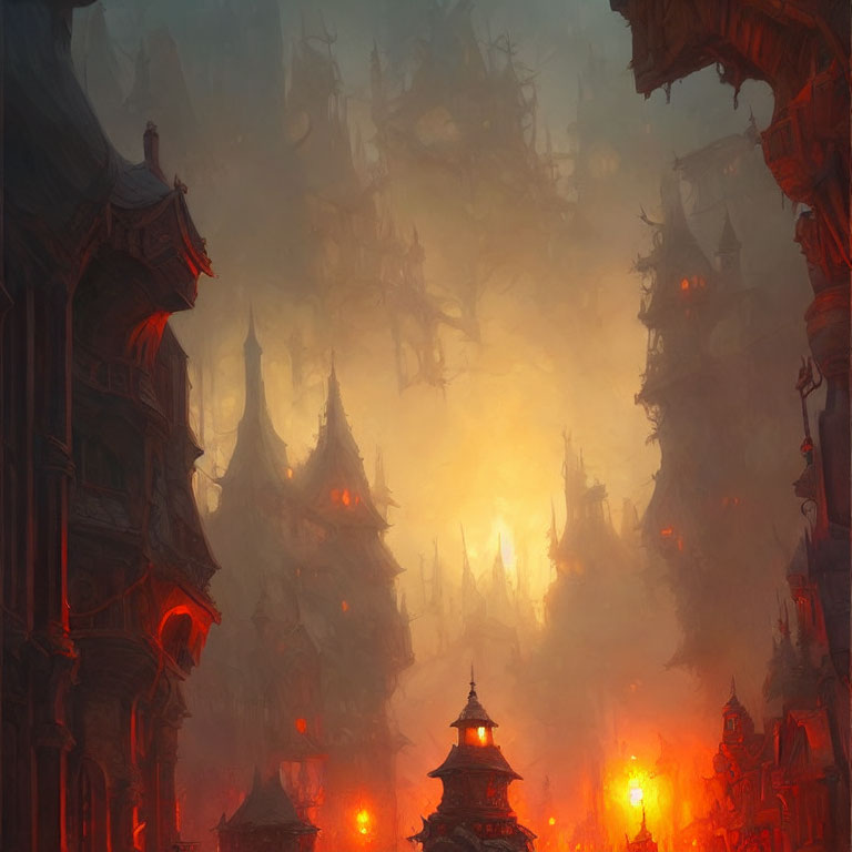 Ancient Eastern-style fantasy cityscape in warm glowing fog