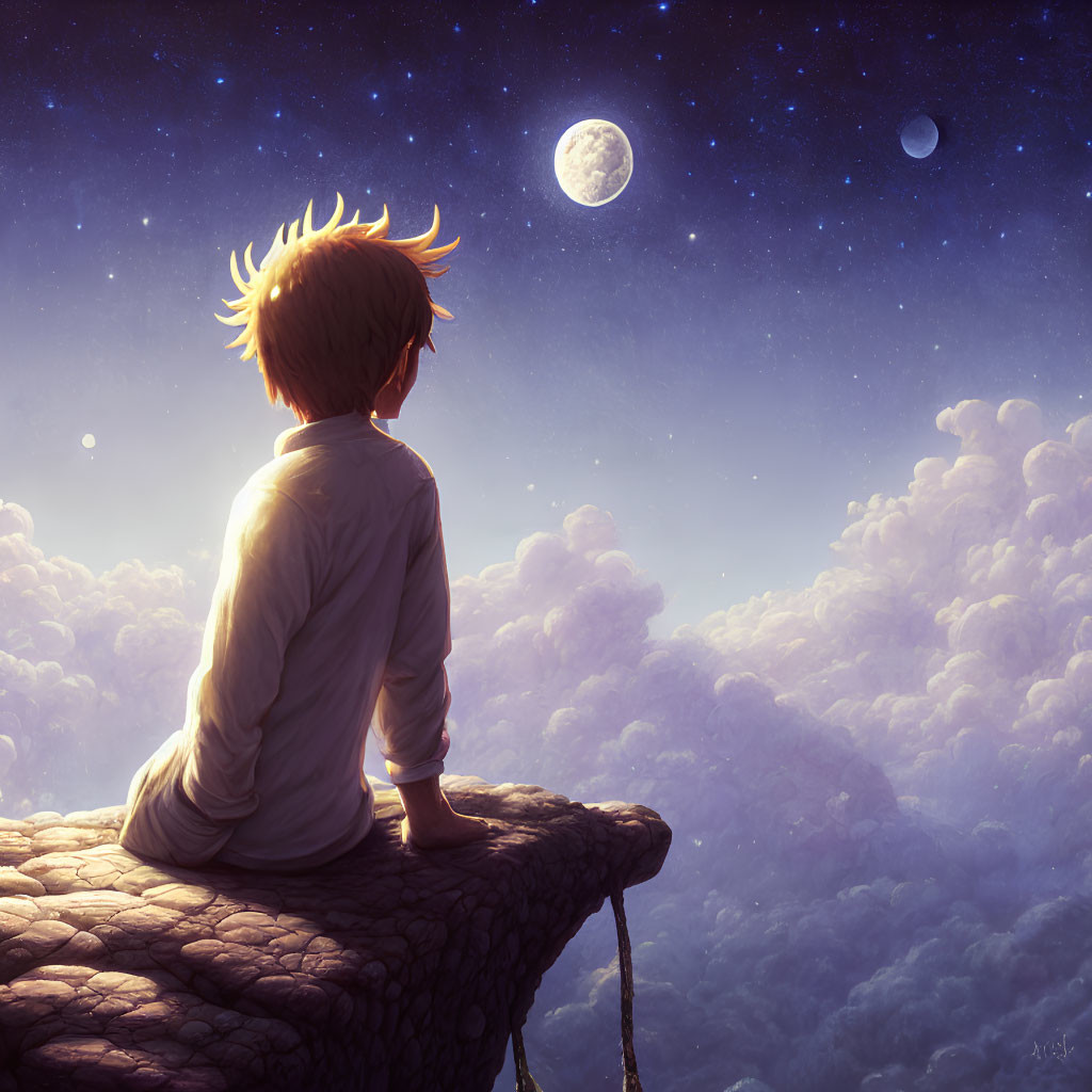 Animated boy on cliff edge gazes at twilight sky with full moon and distant planet