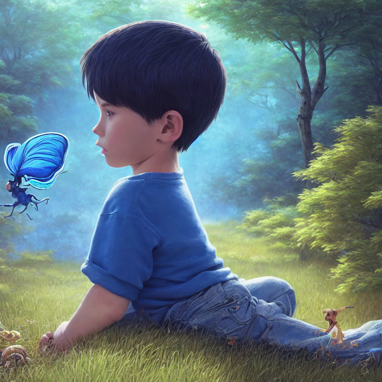 Young boy in blue shirt gazes at fantastical blue-winged butterfly in grassy clearing