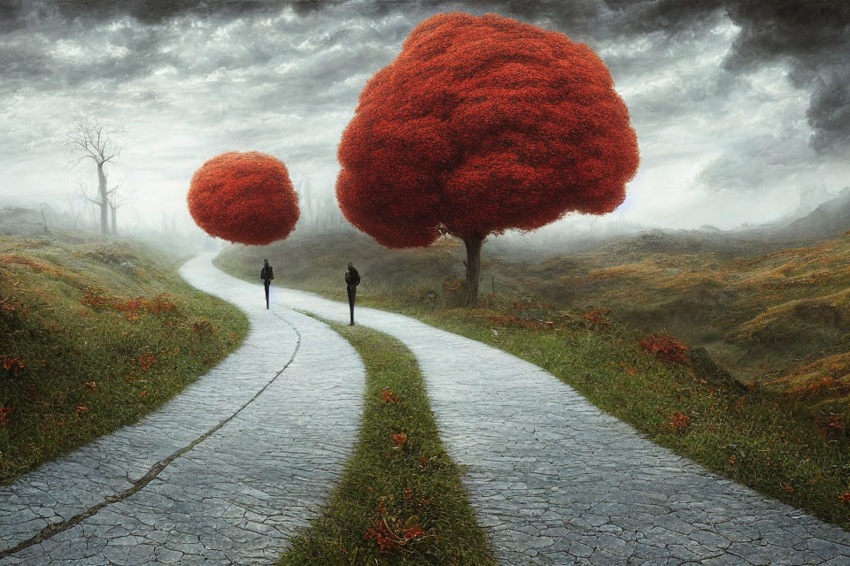 Surreal landscape with oversized red trees and silhouetted figures