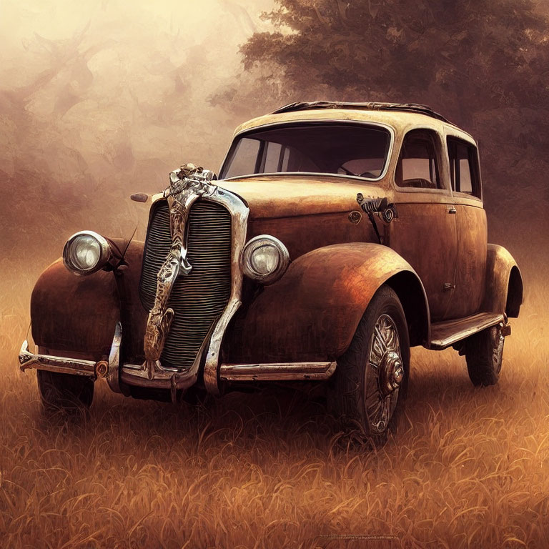 Rusted classic car in field with dry grass