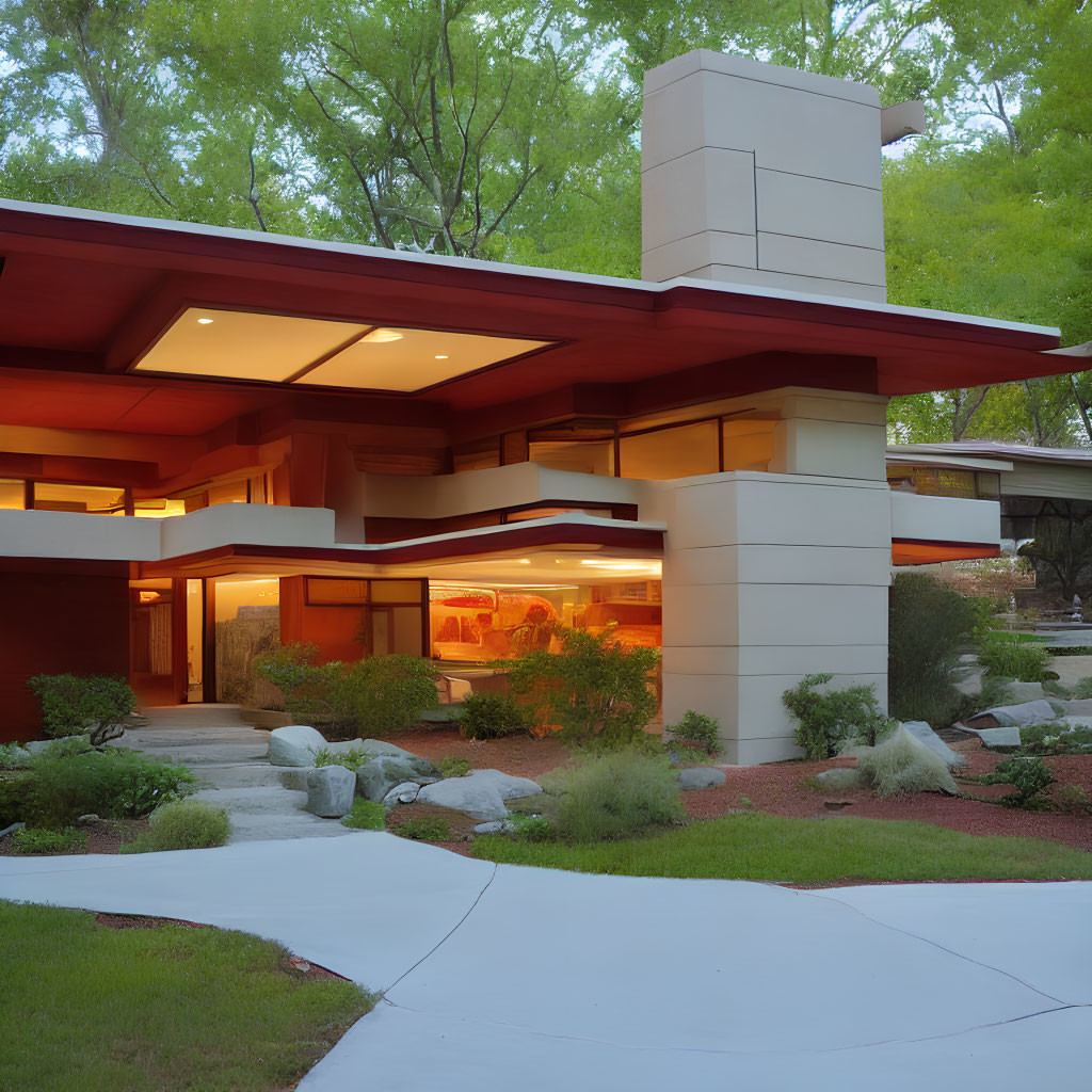Contemporary House with Red Accents and Expansive Windows in Dusk Scene