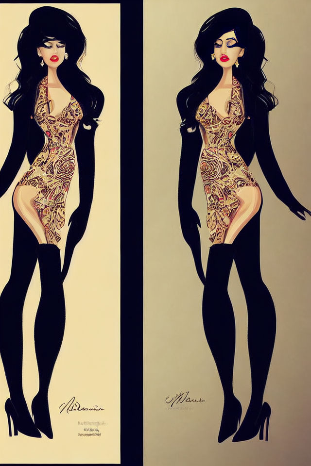 Stylized illustrations of woman in patterned dress & high heels