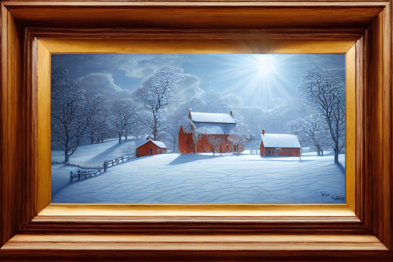 Winter landscape painting with snow-covered cottage and bare trees