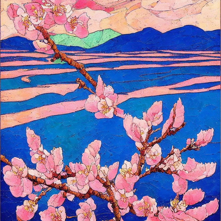 Vibrant Pink Cherry Blossoms Painting with Blue and Purple Mountains