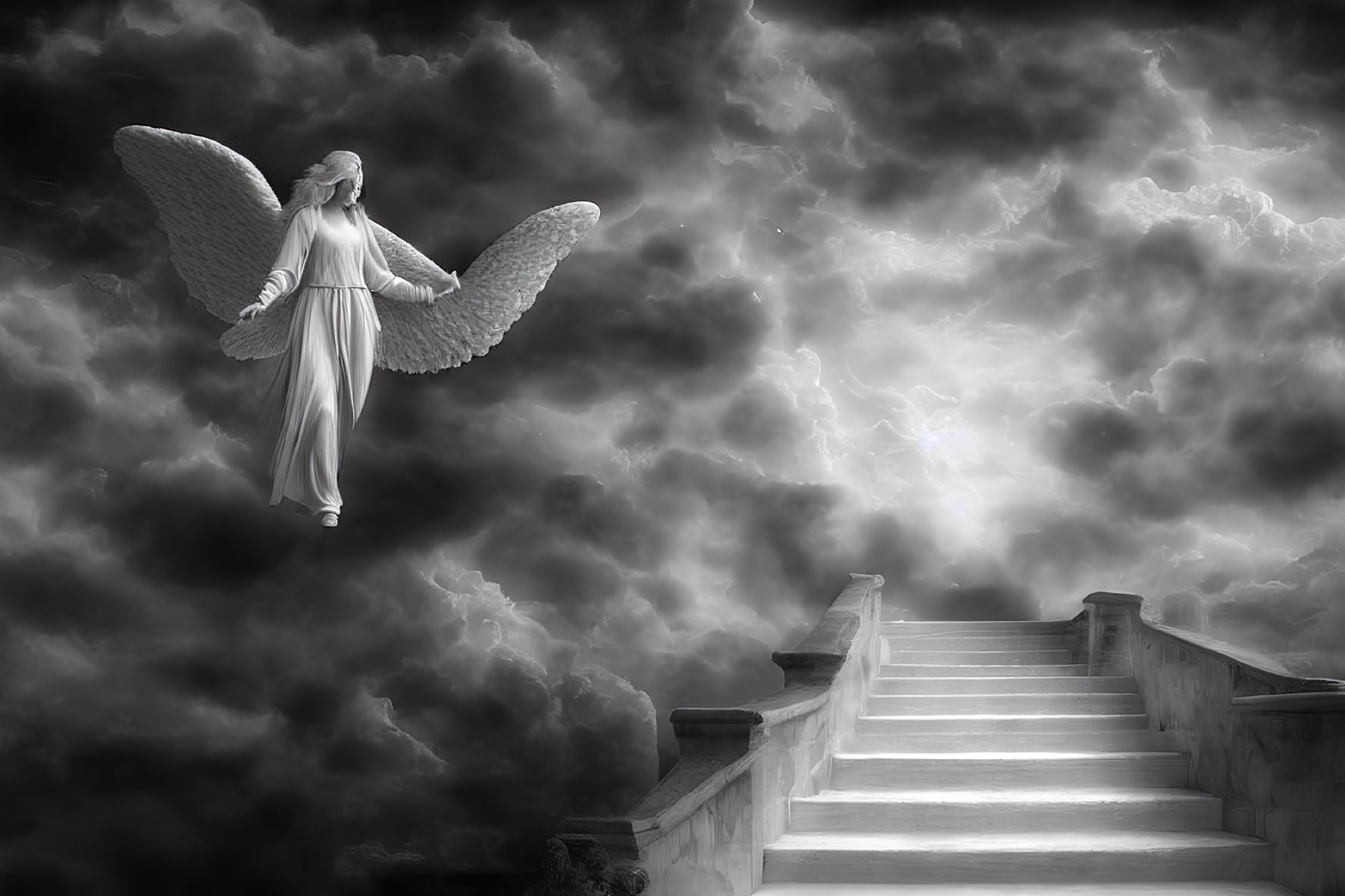 Angelic figure with widespread wings on staircase under dramatic cloudy sky