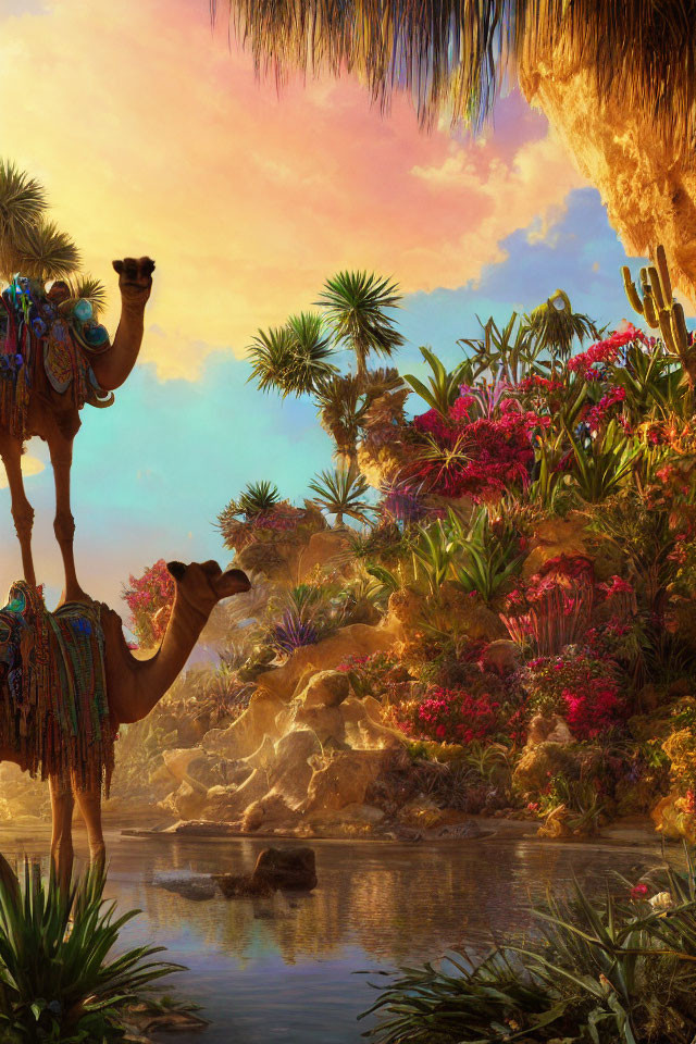 Tranquil desert oasis with camels, vibrant flora, and serene water stream