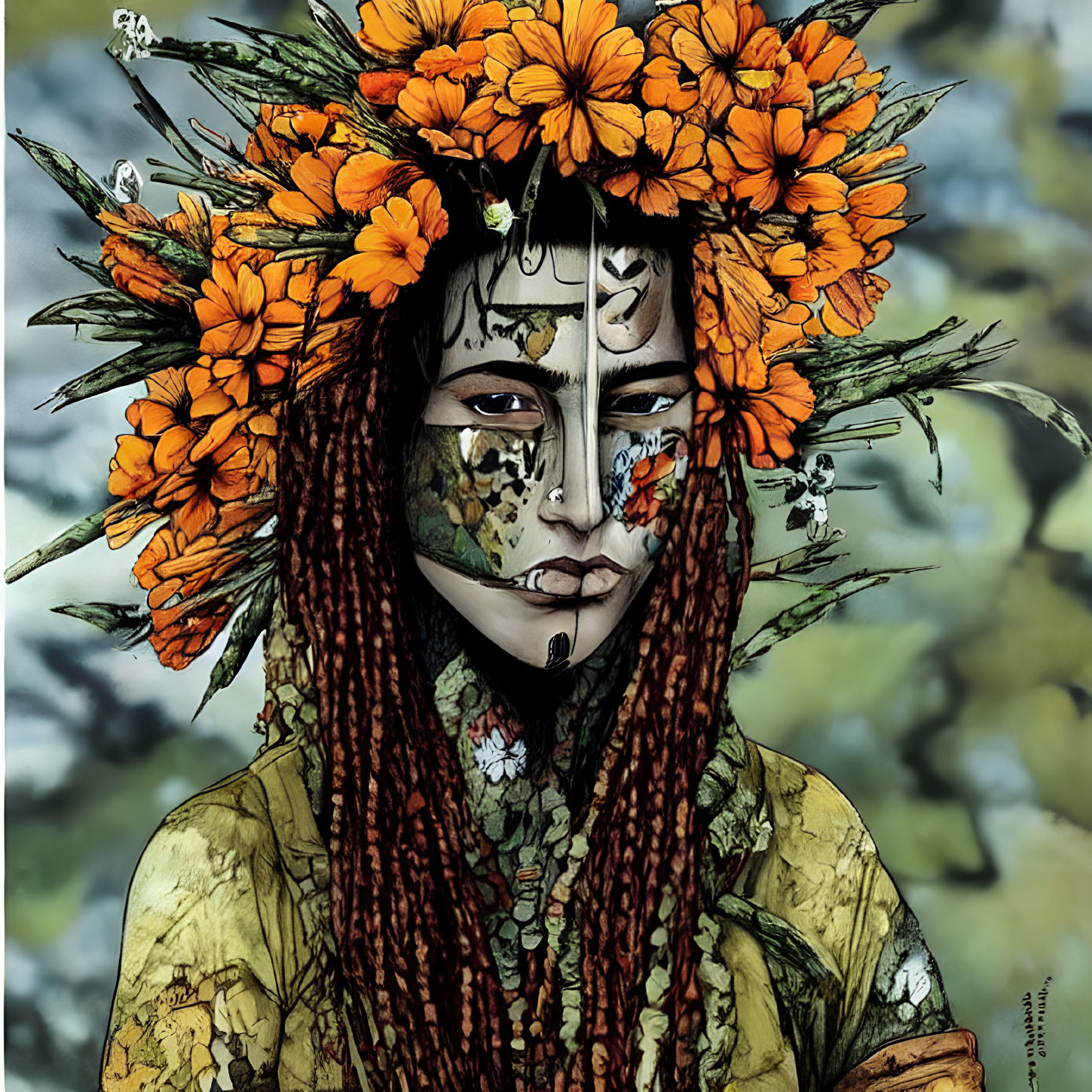 Elaborate Floral Headdress and Face Paint on Person with Braided Hair