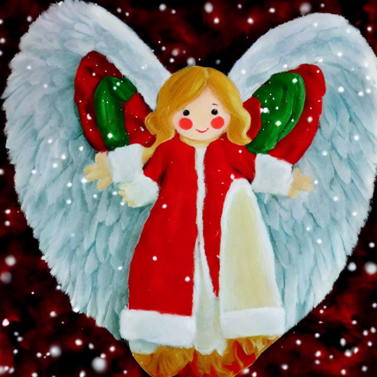 Smiling blonde angel in red coat with green and white wings on snowy background