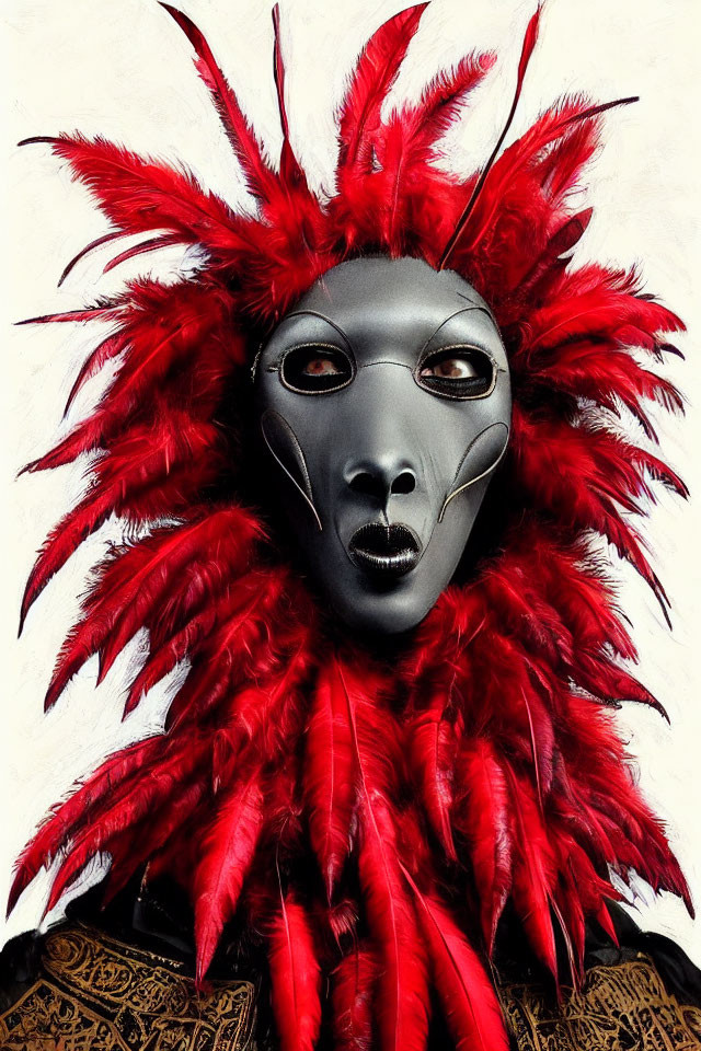 Vibrant red feather headdress on striking black mask