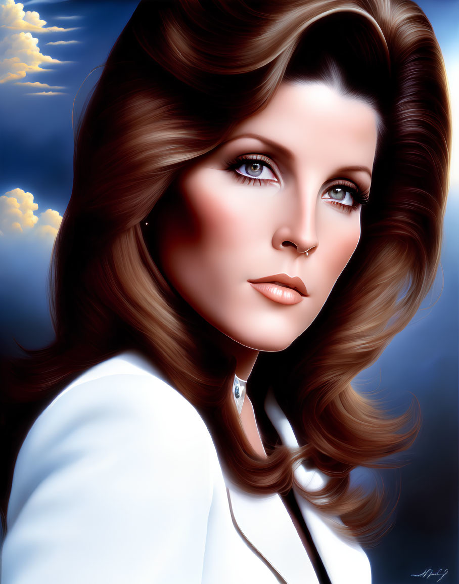 Portrait of woman with voluminous brunette hair and blue eyes in white outfit against cloudy blue sky