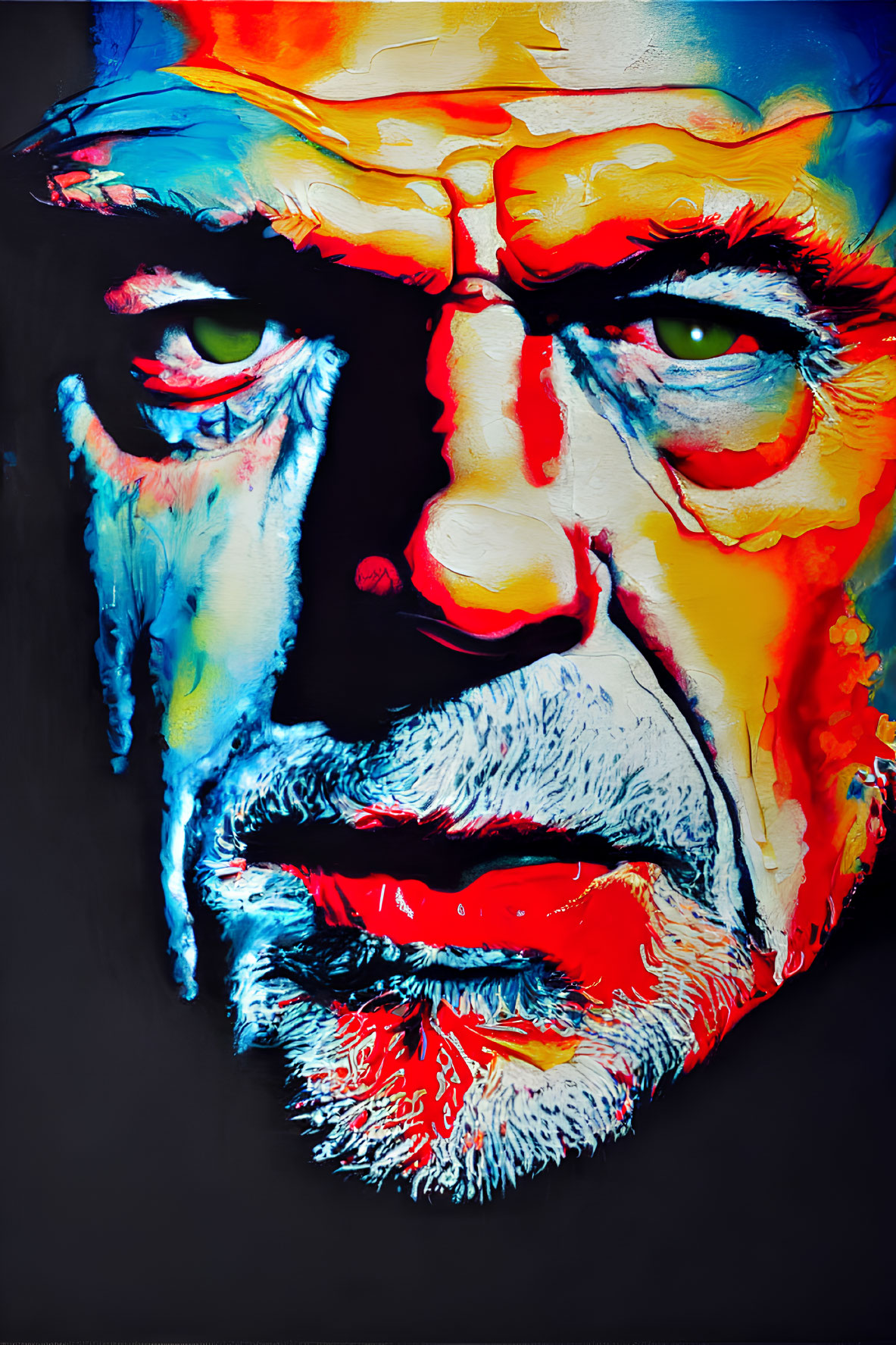 Vibrant abstract portrait with red and blue hues and dominant eye