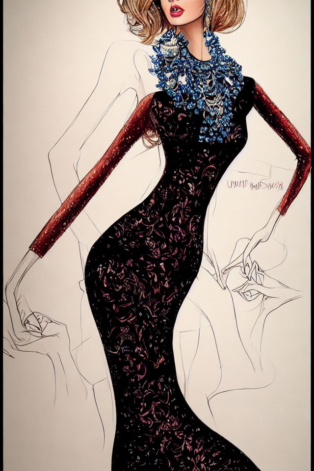 Detailed illustration of slender woman in elegant black dress with blue detailing and sparkling elements, posing with hand on