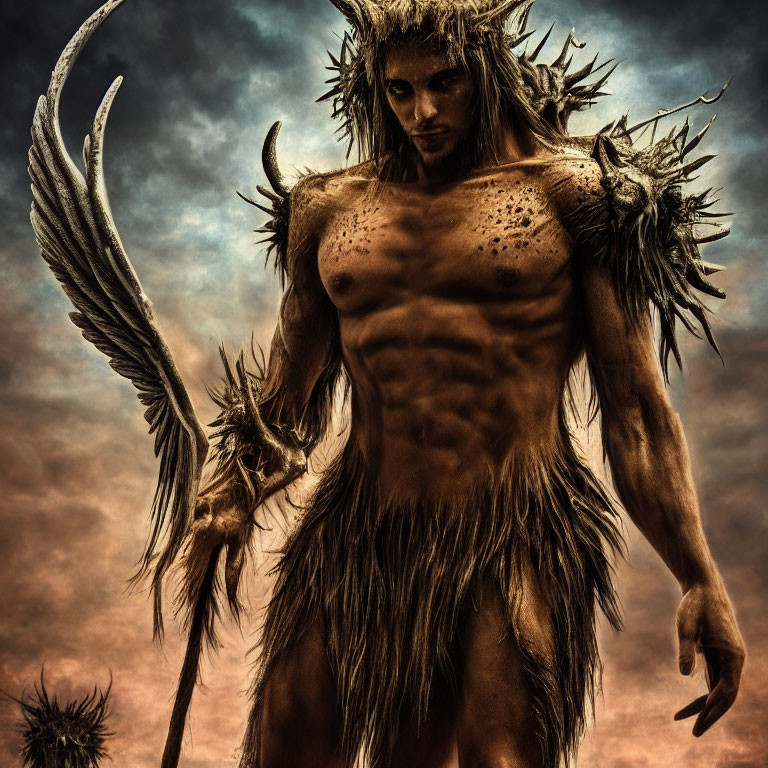 Majestic winged figure in tribal attire under dramatic sky
