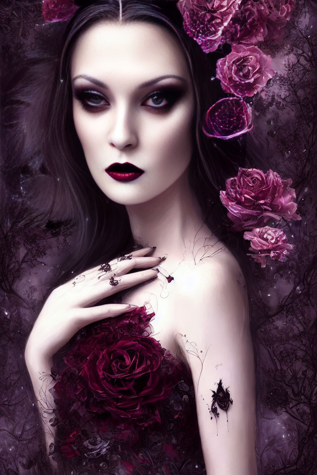 Gothic woman with dark makeup surrounded by purple and red roses