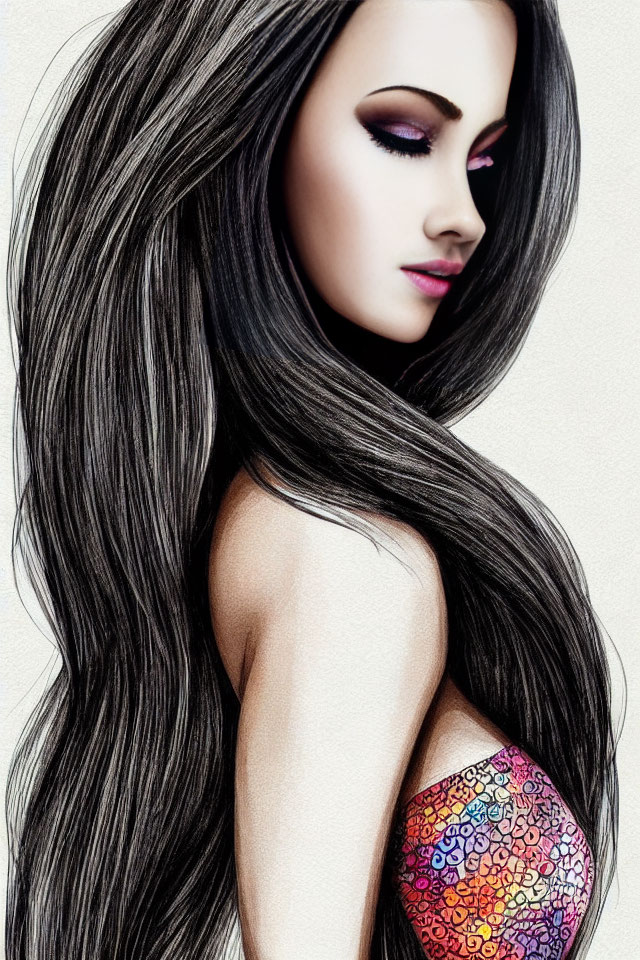 Woman with Long Hair and Colorful Tattoo: Detailed Makeup and Serene Expression