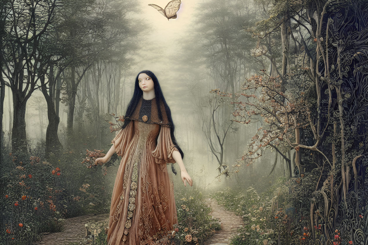 Vintage-dressed woman in misty woodland with butterfly and ethereal surroundings.