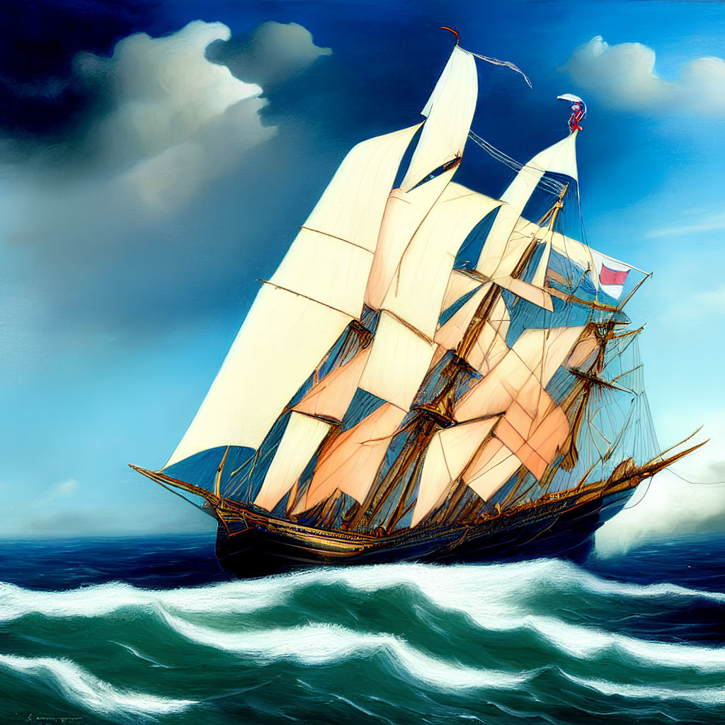 Majestic sailing ship navigating ocean waves under dynamic sky