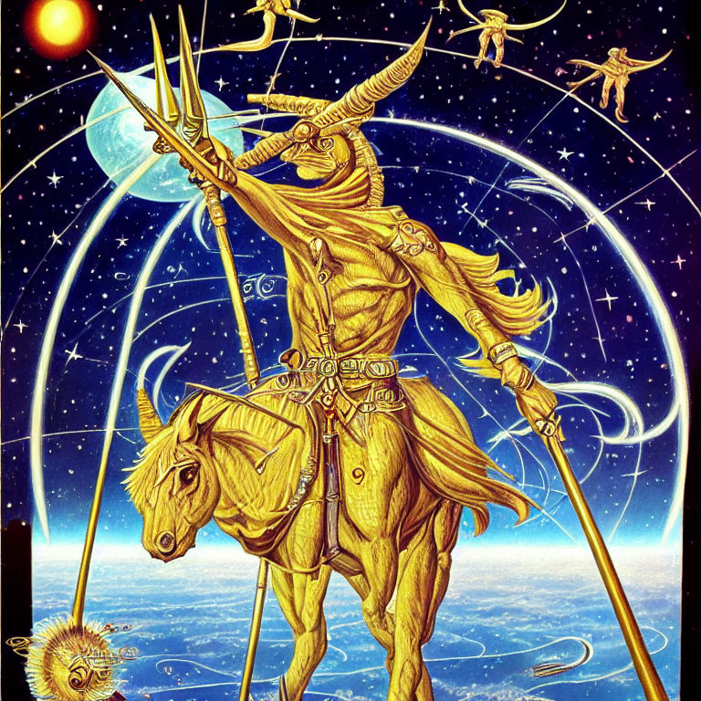 Illustrated Sagittarius-themed centaur with bow under starry sky and celestial symbols.