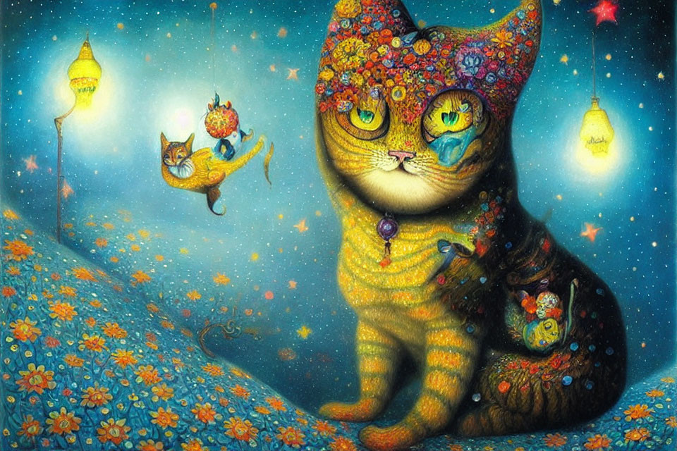 Colorful Cat Illustration with Flowers, Jewels, and Starry Sky