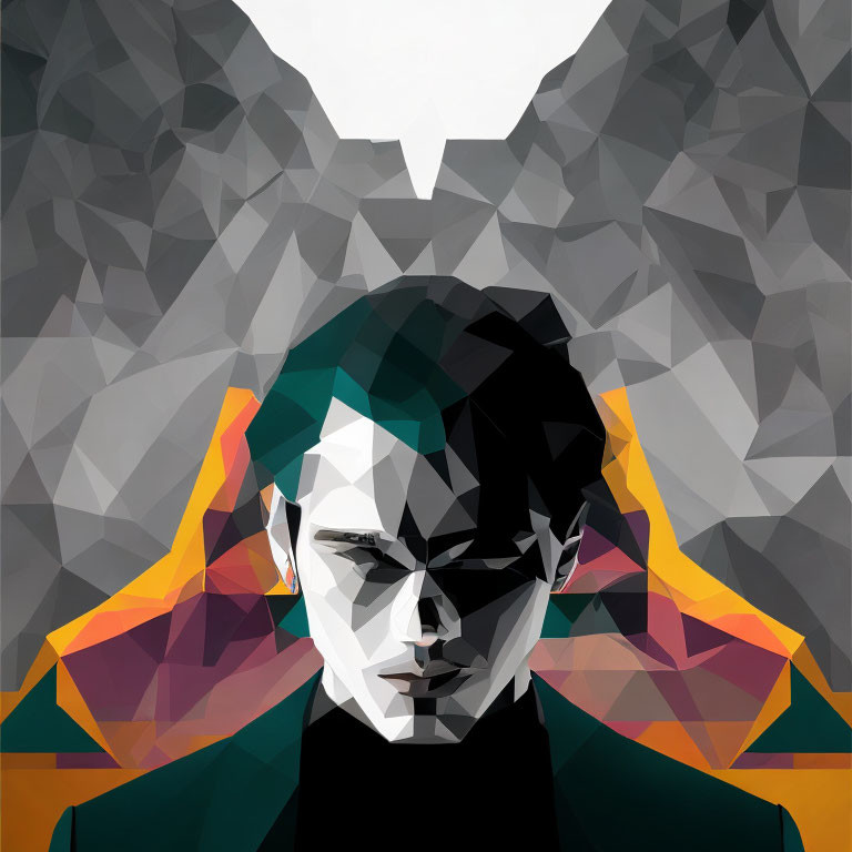 Geometric portrait with dark shapes and colorful collar accent