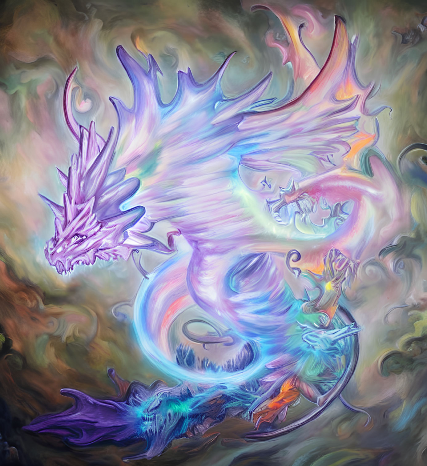 Mythical dragon digital painting with iridescent wings in colorful clouds