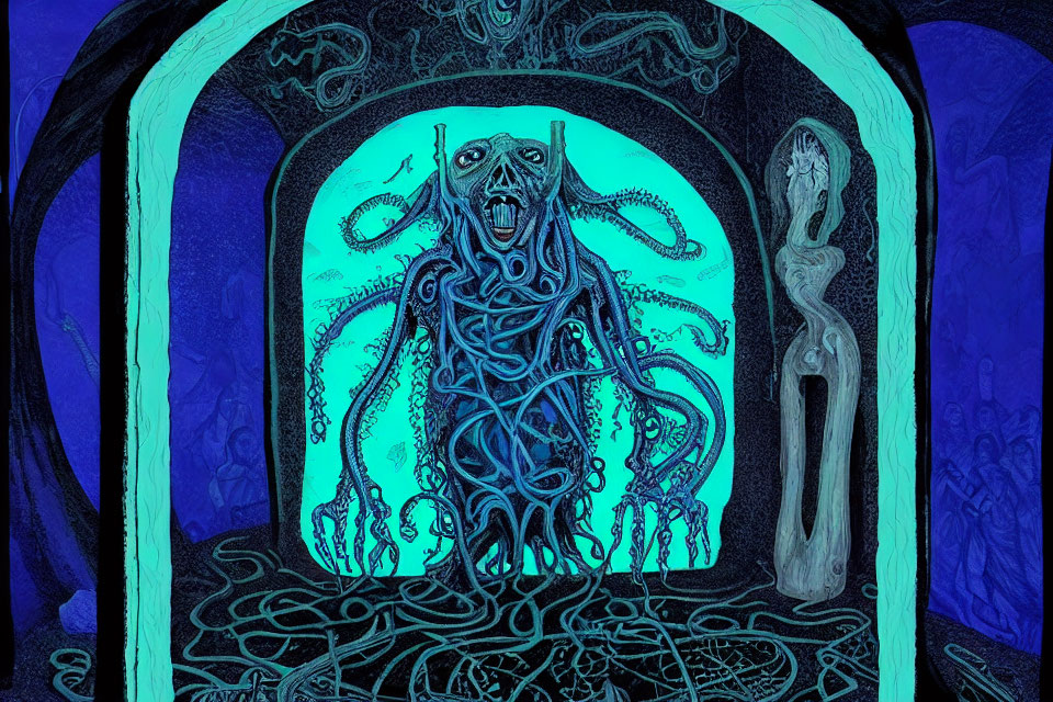 Surreal blue-toned image of creature with tentacles in arched doorway