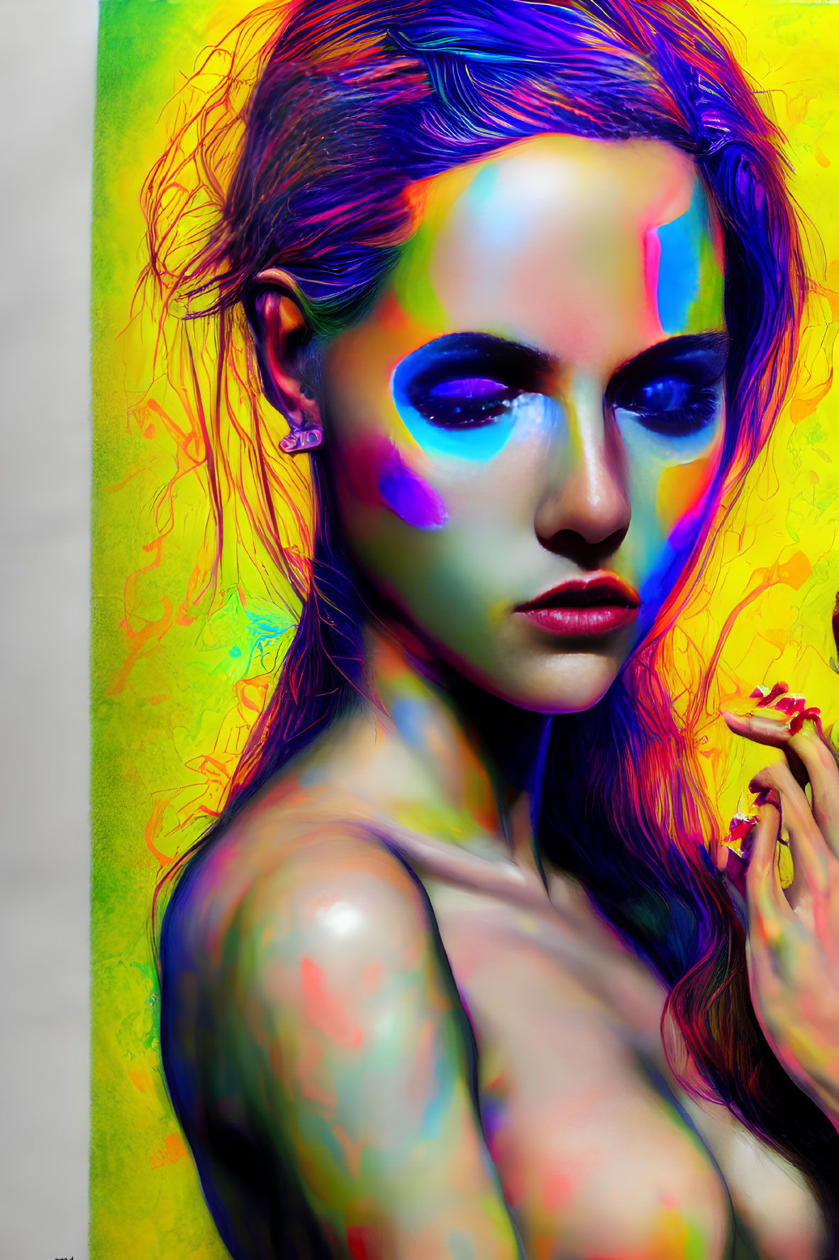 Colorful neon paint portrait of a woman against vibrant backdrop