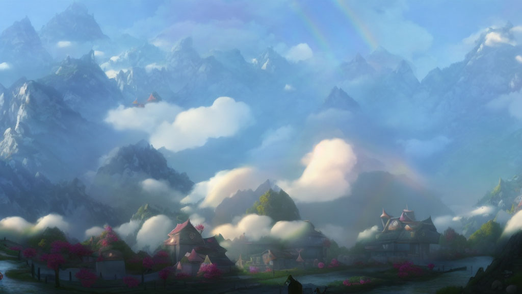 Traditional houses in misty mountain valley with rainbow