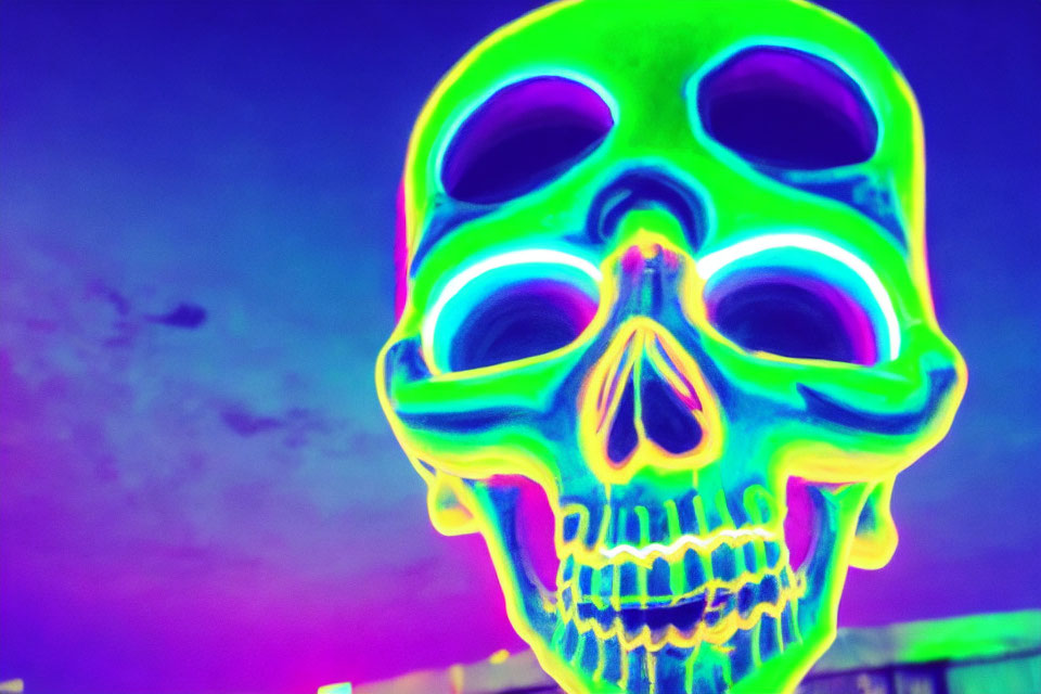 Colorful Thermal Imaging Effect of Skull on Purple Background