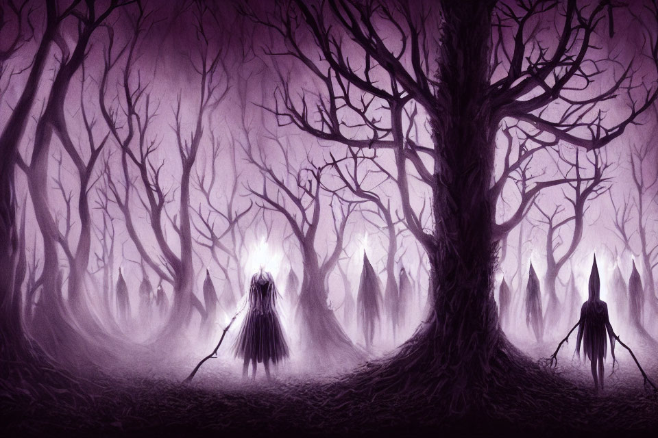 Purple Forest Scene with Cloaked Figures and Glowing Staff