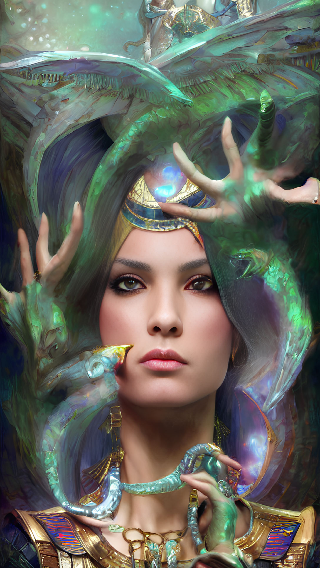 Elaborate green horns and snake adorn mystical woman in golden headgear and armor