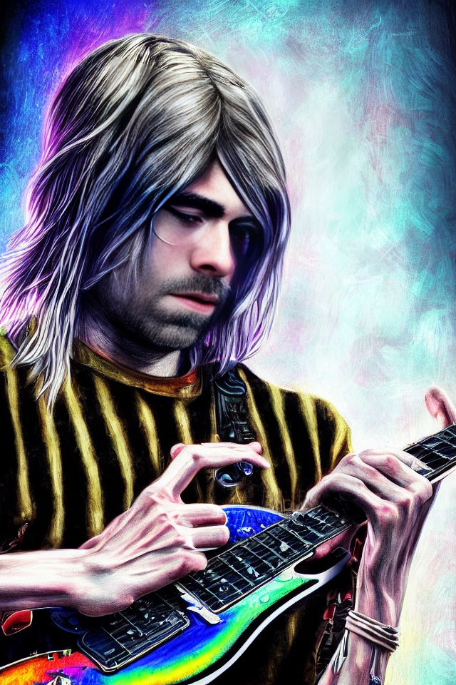 Person with Shoulder-Length Hair Playing Electric Guitar on Colorful Abstract Background