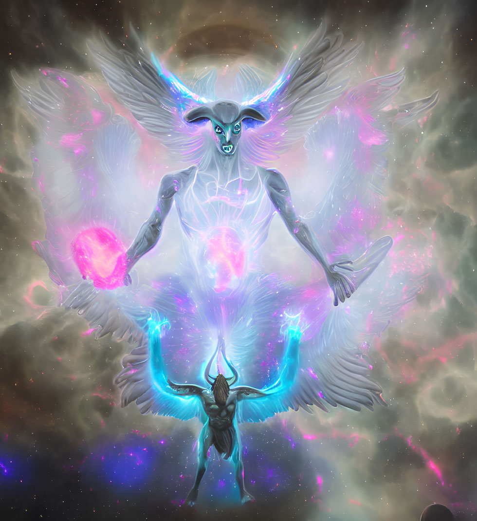 Blue-skinned cosmic entity with glowing orbs and wings in surreal scene