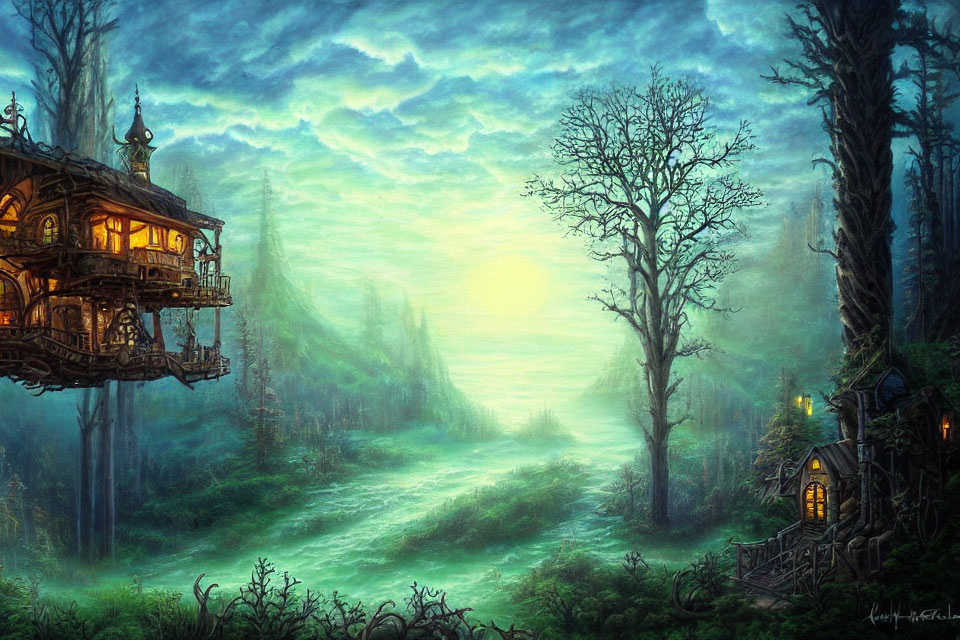 Twilight scene with treehouse, cottage, and glowing pathway